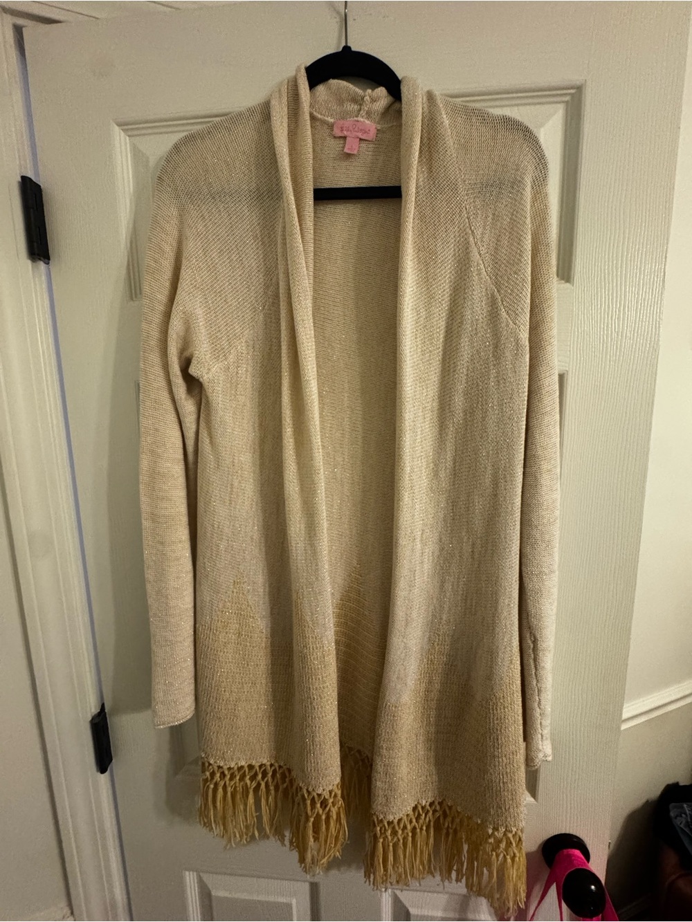 Lilly Pulitzer Cream Open-Front Fringe Hem Cardigan